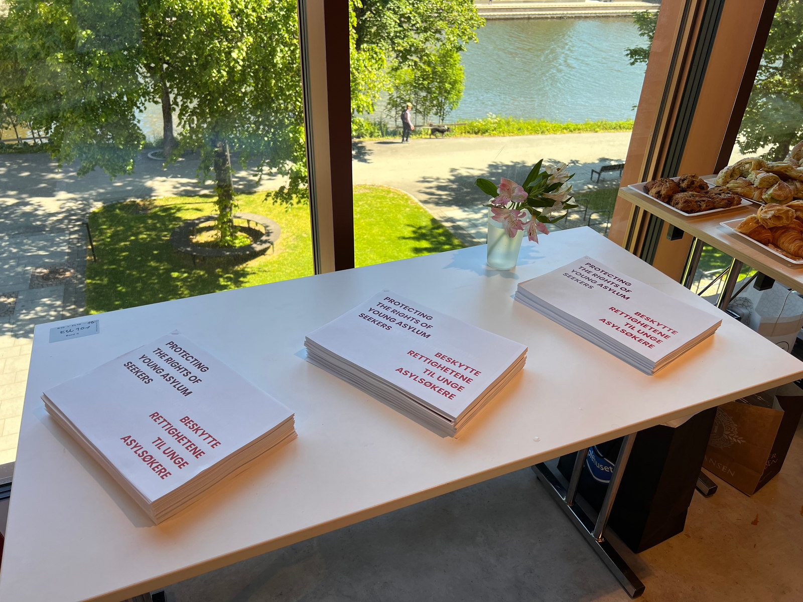 Tre bunker med rapporten «Protecting the rights of young asylum seekers / Beskytte rettighetene til unge asylsøkere» på et bord foran et vindu ut mot Akerselva.