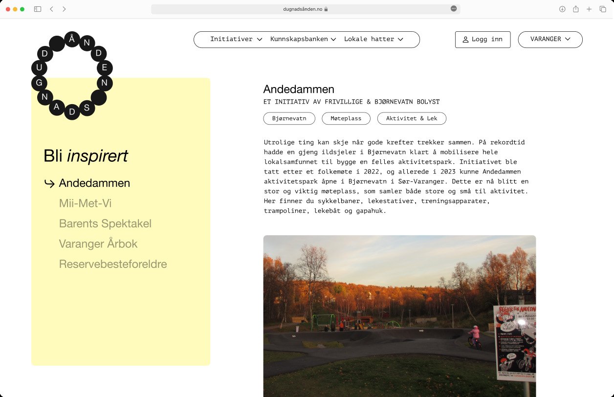 Siden «Bli inspirert» på dugnadsånden.no, med Andedammen i Bjørnevatn som foregangsprosjekt.