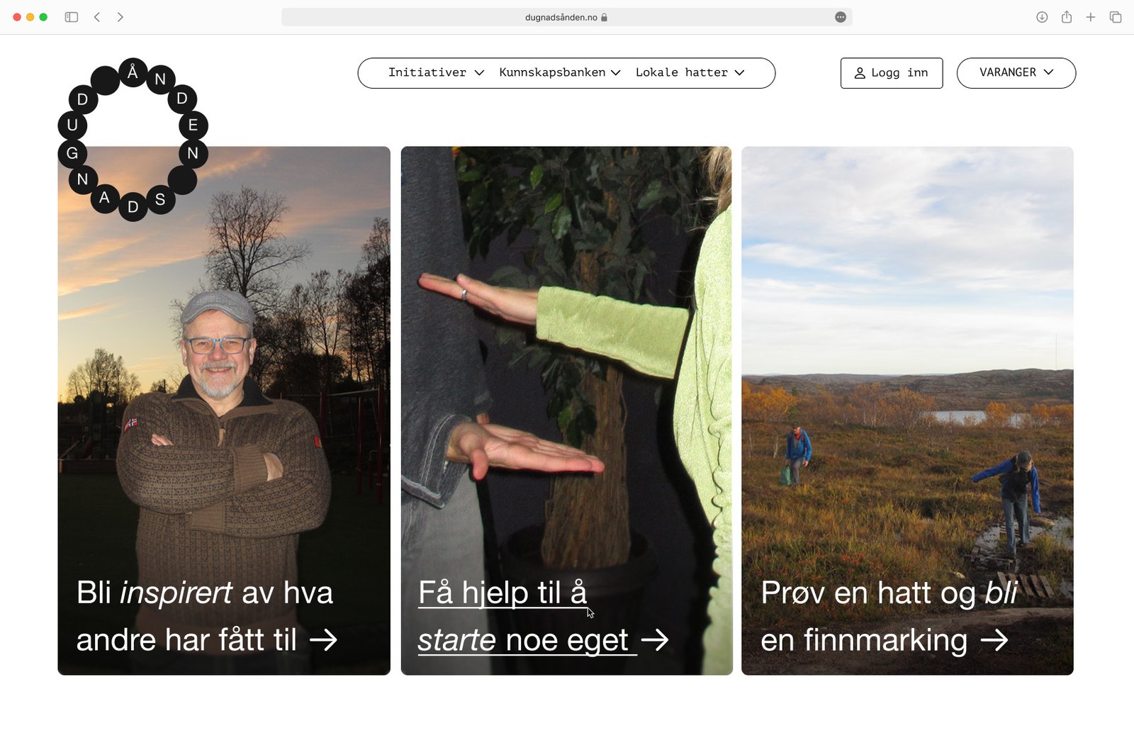 Forsiden til dugnadsånden.no i en nettleser, med tre inngangskort: «Bli inspirert av hva andre har fått til», «Få hjelp til å starte noe eget» og «Prøv en hatt og bli en finnmarking».