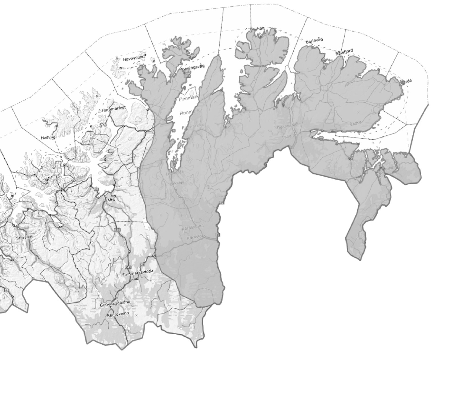Kart over Øst-Finnmark der Varanger-regionen er markert.