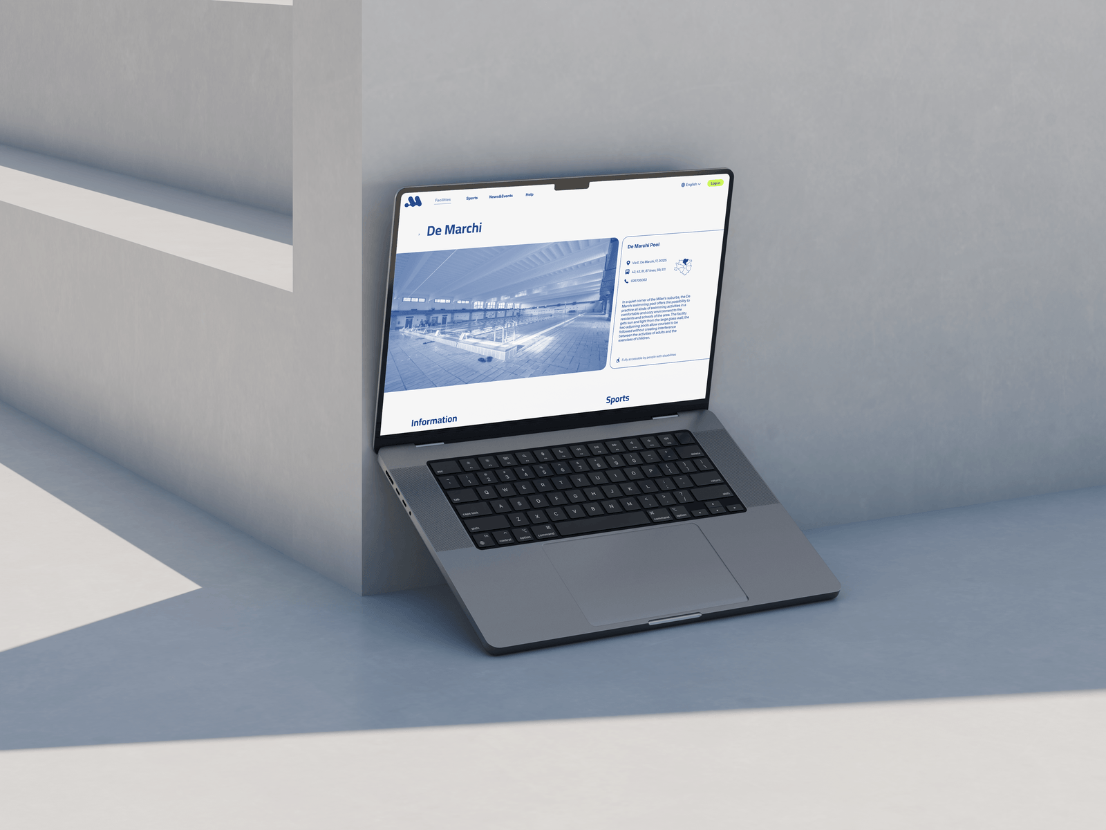 Laptop som viser den redesignede Milanosport-nettsiden med anleggssiden for De Marchi-bassenget.