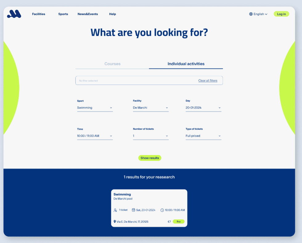 Søkesiden på det redesignede nettstedet: «What are you looking for?» med fanene Courses og Individual activities, nedtrekk for idrett, anlegg, dag, tid og billetter, og ett treff vist som kort nederst.