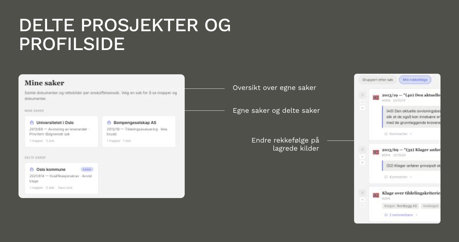 Delte prosjekter og profilside: oversikt over egne og delte saker, og mulighet til å endre rekkefølge på lagrede kilder.