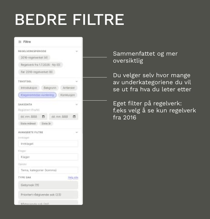 Bedre filtre: sammenfattet og mer oversiktlig, du velger selv hvor mange underkategorier du vil se, og et eget filter på regelverksperiode.