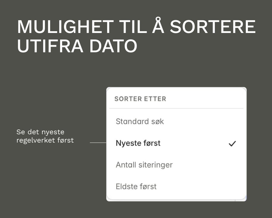 Sorteringsmenyen med valgene standard søk, nyeste først, antall siteringer og eldste først — så det nyeste regelverket kan settes øverst.